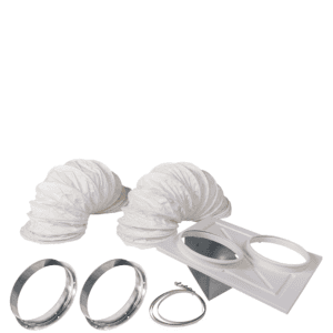 Ceiling kit for the BioKool medical grade portable air conditioner and includes two (2) 12″x 8′ ducts, 2 stainless steel flanges, and all the fasteners required for mounting.