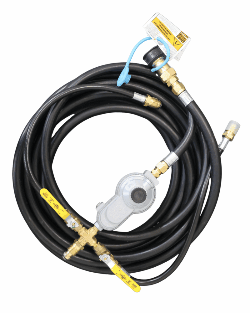 TKO 170 pest heater's 3-Tank Manifold with regulator and quick connect assembly to heater and 25' Gas Hose